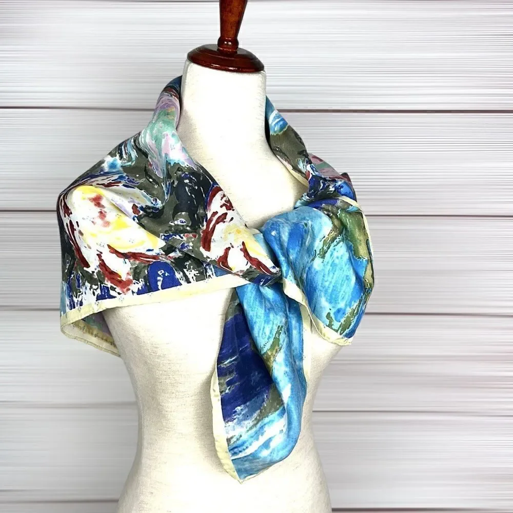 Water Lilies by MONET Scarf Vintage Silk Satin Square  Hand Rolled Blue Yellow